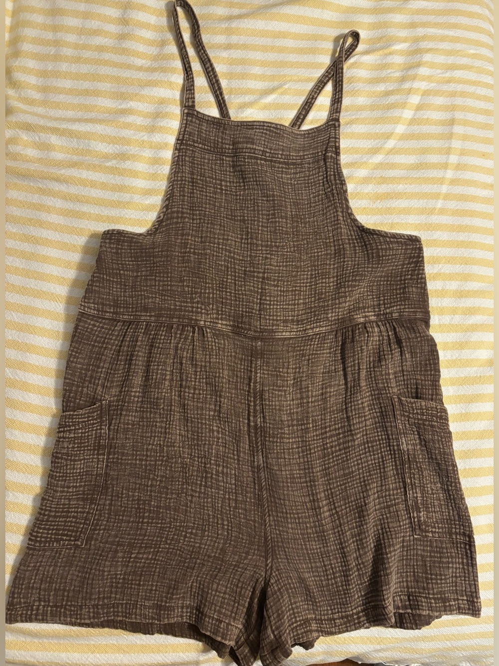 Textured Brown Linen-Blend Short Romper Jumpsuit